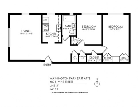 Floor plan for 2 beds, 1 bath, 775 sqft